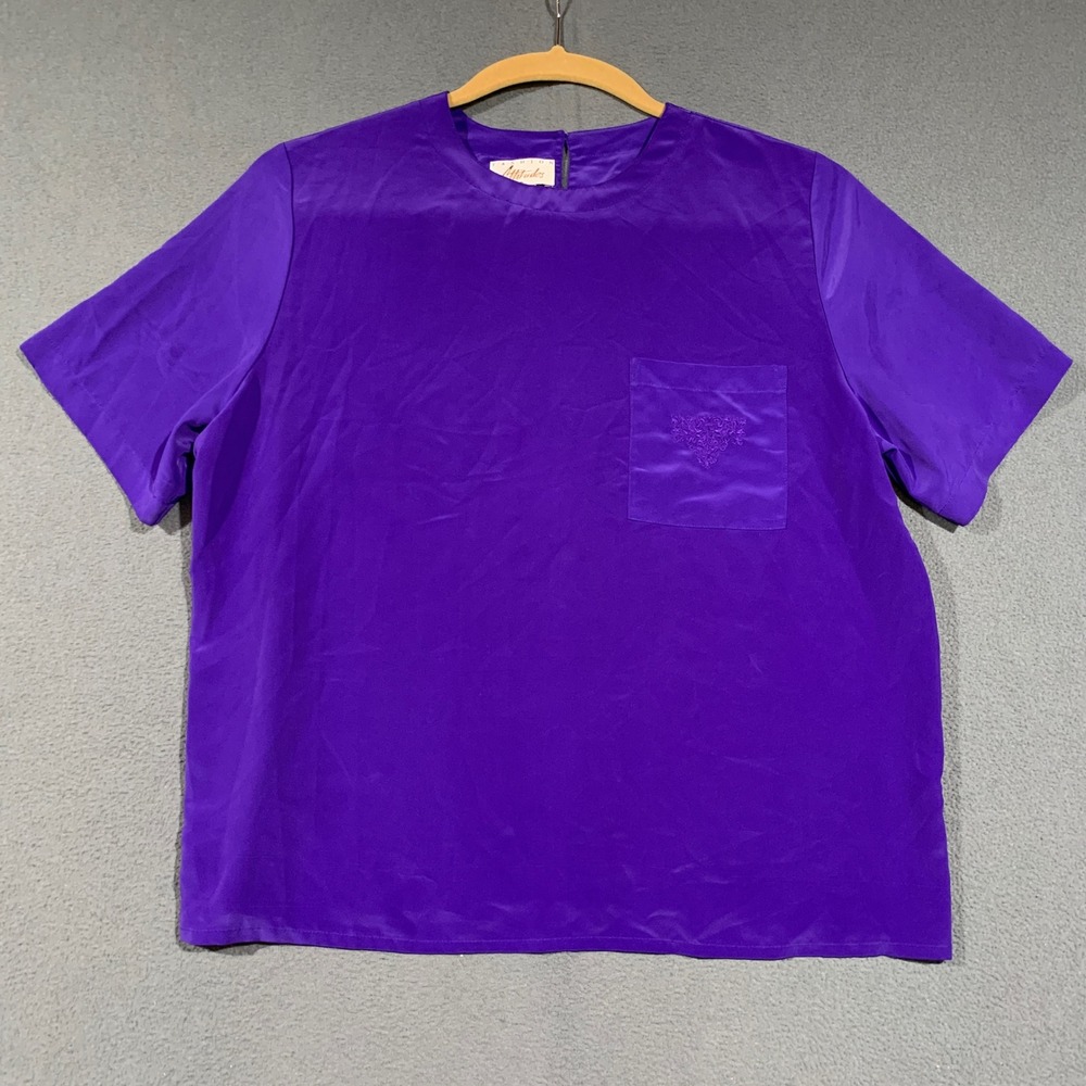 VTG Fashion Attitudes Blouse Womens 14 Purple Short Sleeve Embroidered Pocket